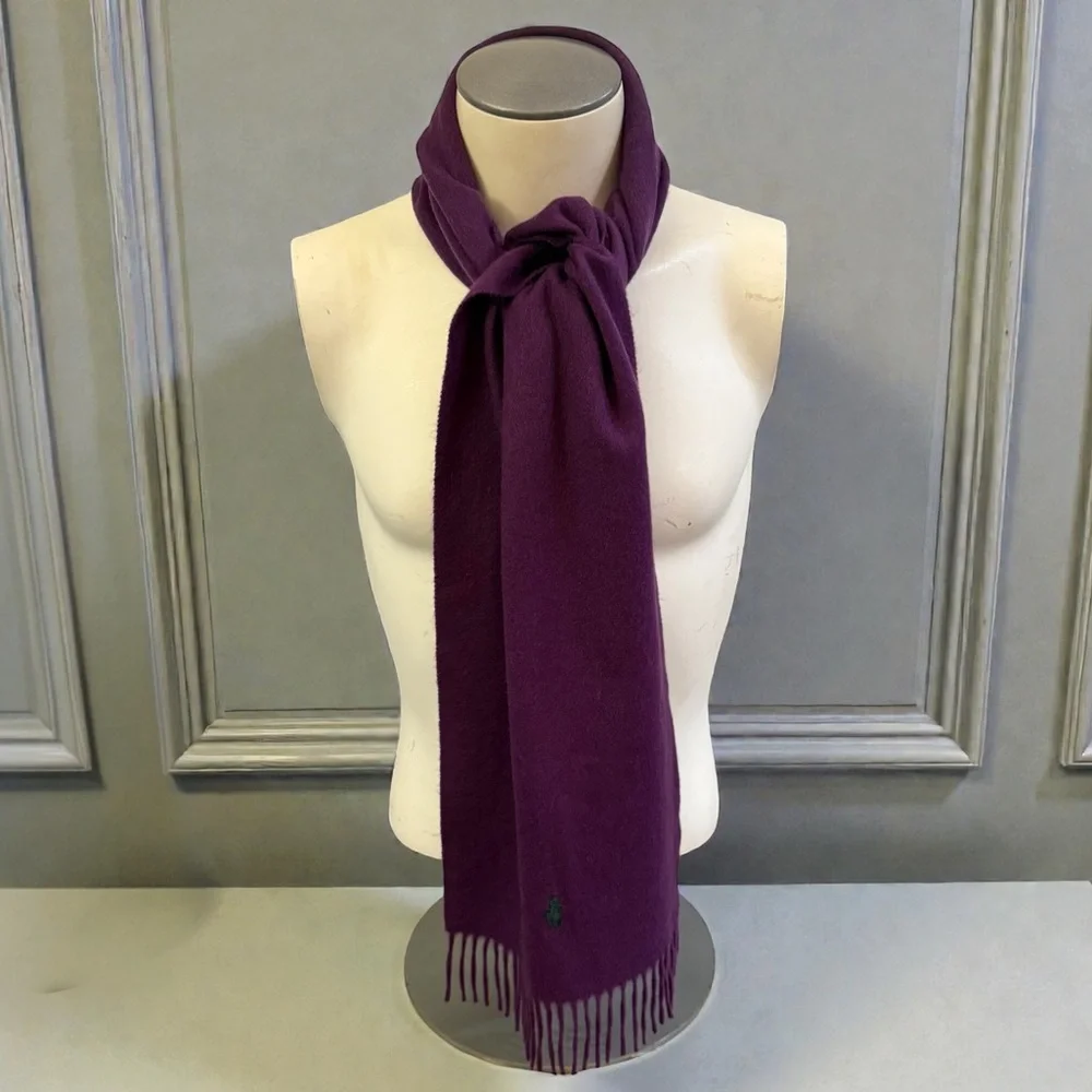 New! Polo Ralph Lauren 100% CASHMERE Fringe Purple Scarf Teal Green Pony